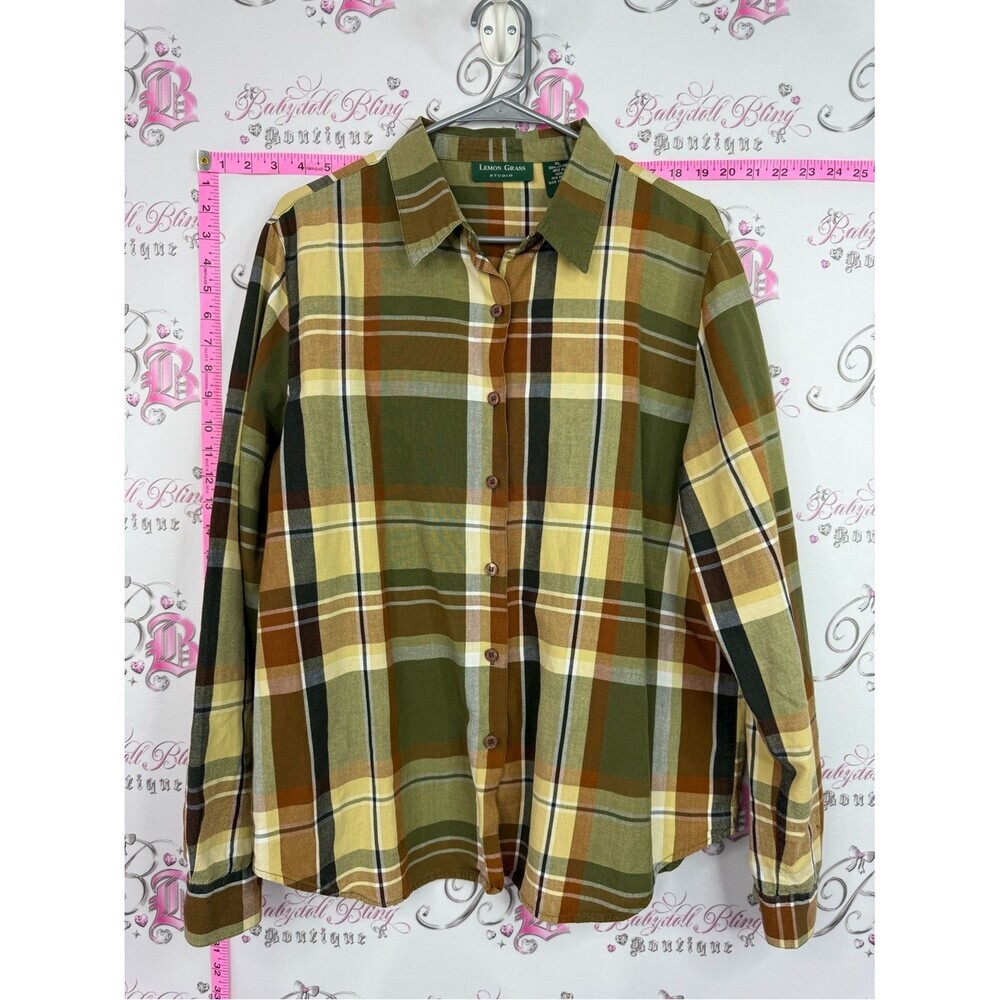 Lemon Grass studio button up Olive & Yellow Plaid Button-Down Shirt